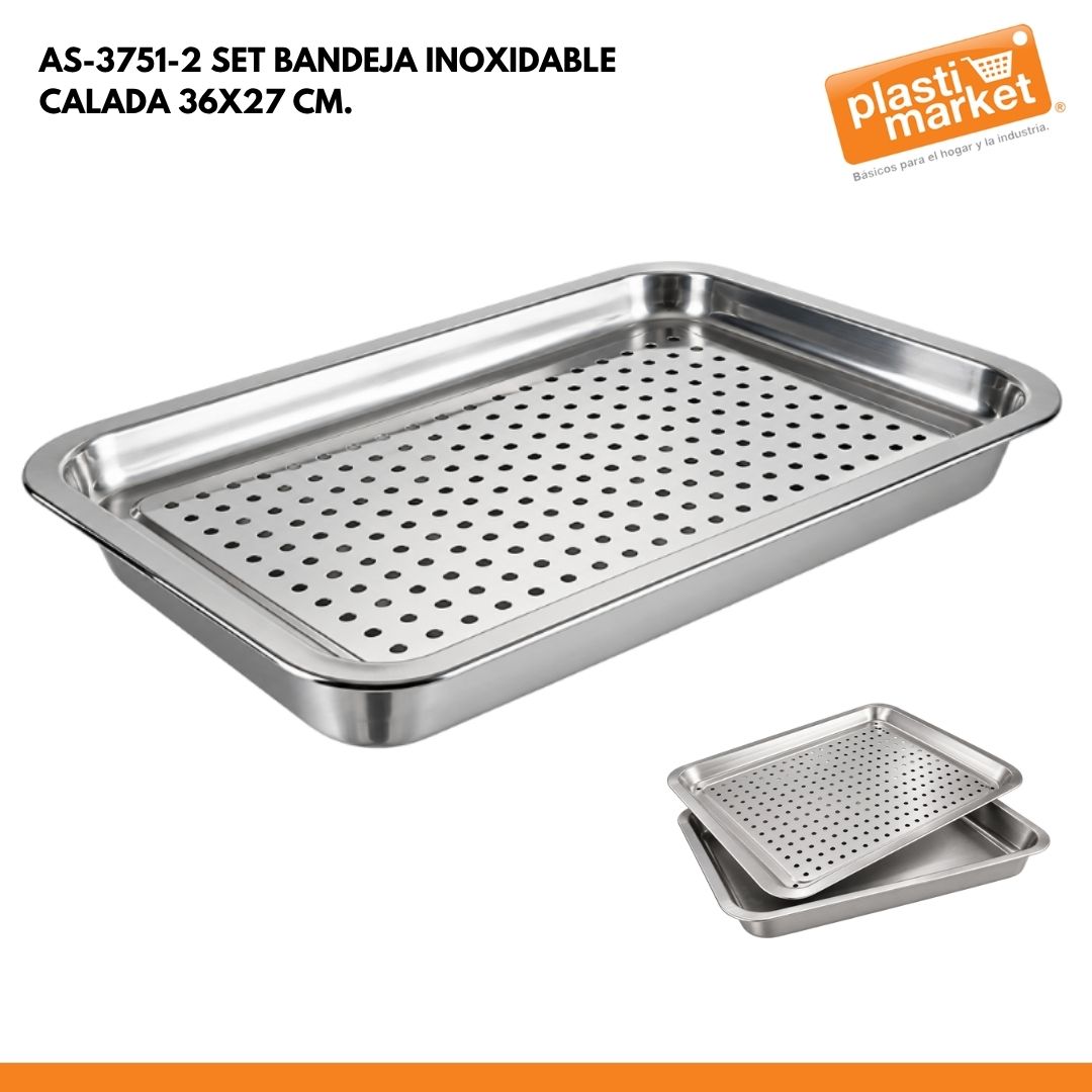 AS-3751-2 SET BANDEJA INOXIDABLE CALADA 36X27 CM.