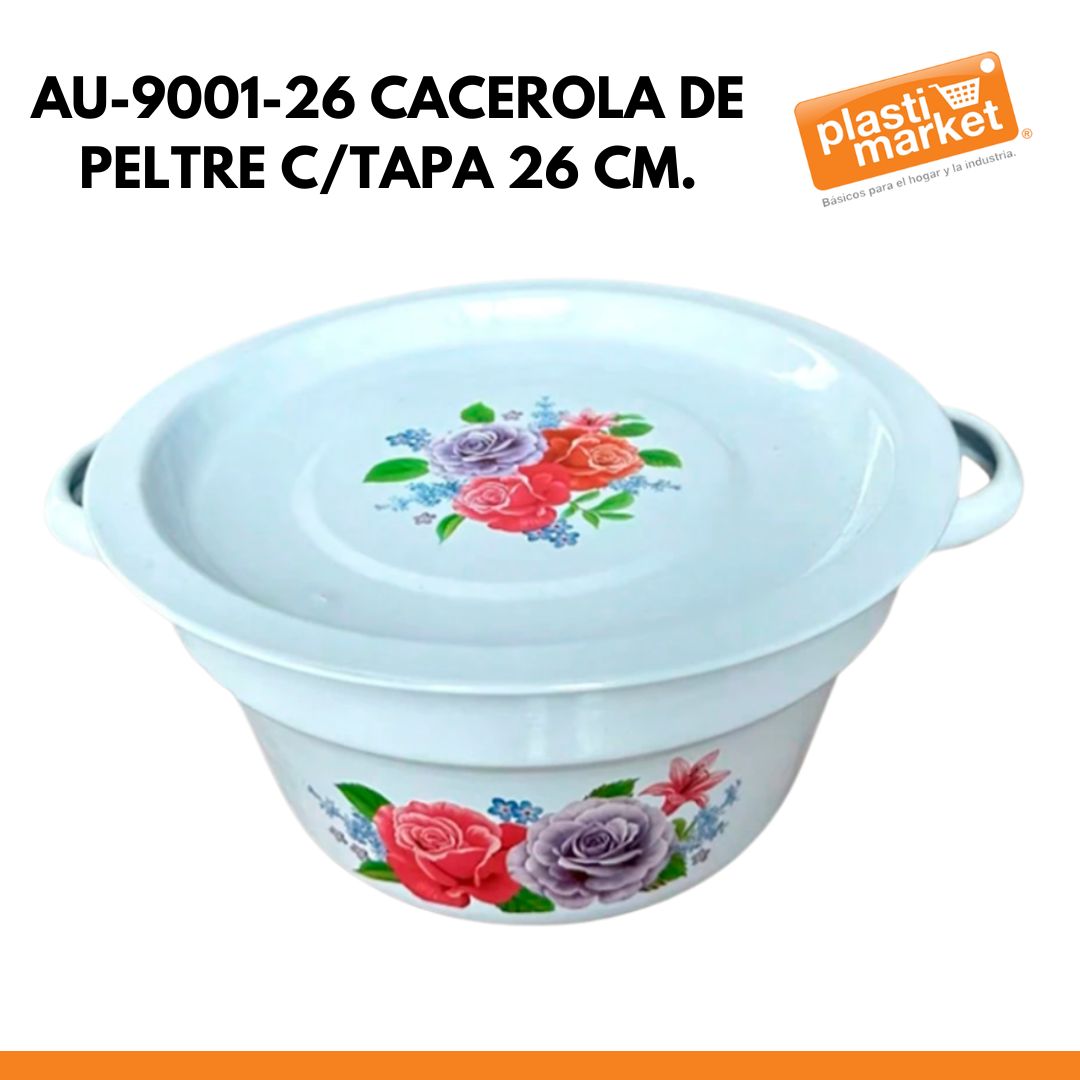 AU-9001-26 CACEROLA DE PELTRE C/TAPA 26 CM.