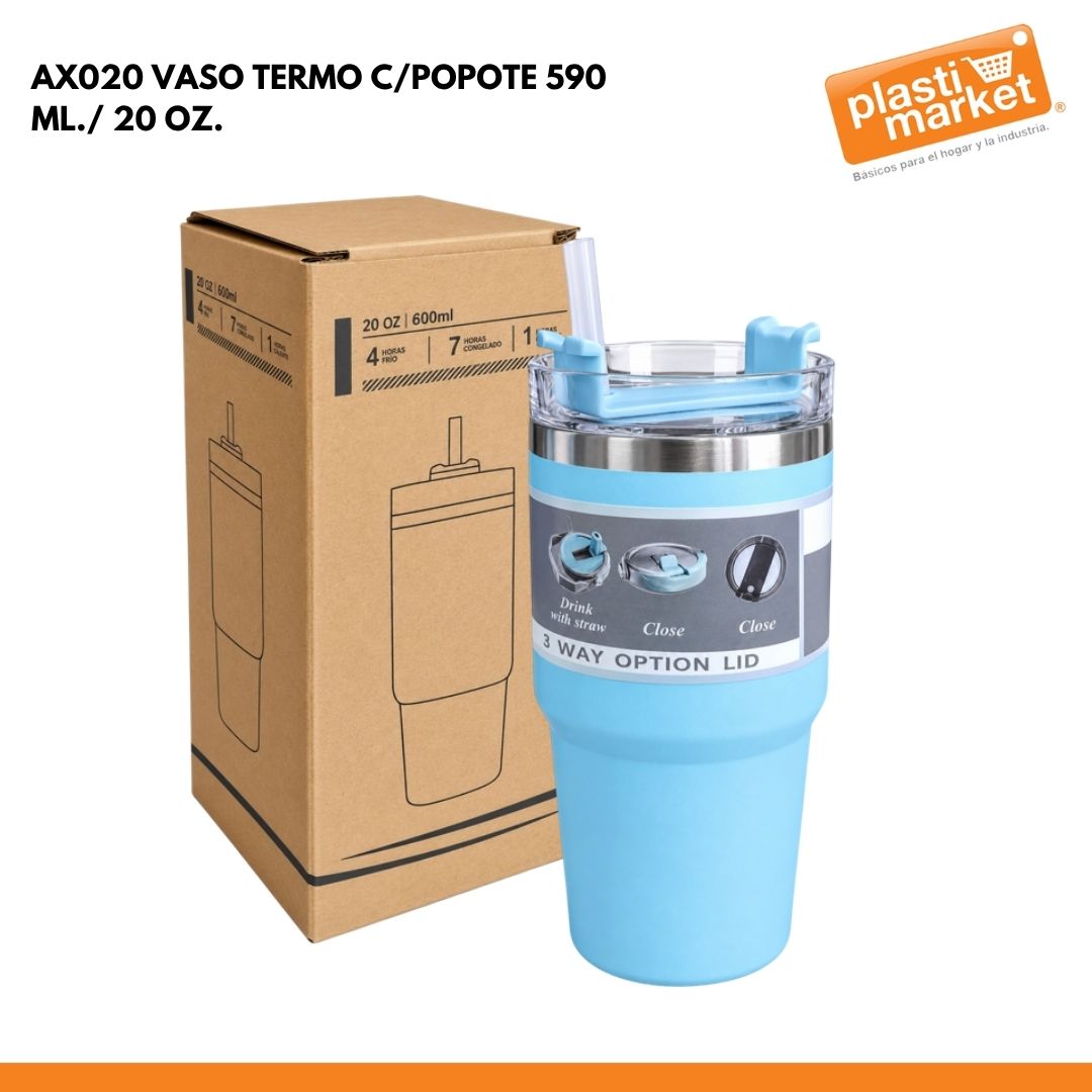 AX020 VASO TERMO C/POPOTE 590 ML./ 20 OZ.
