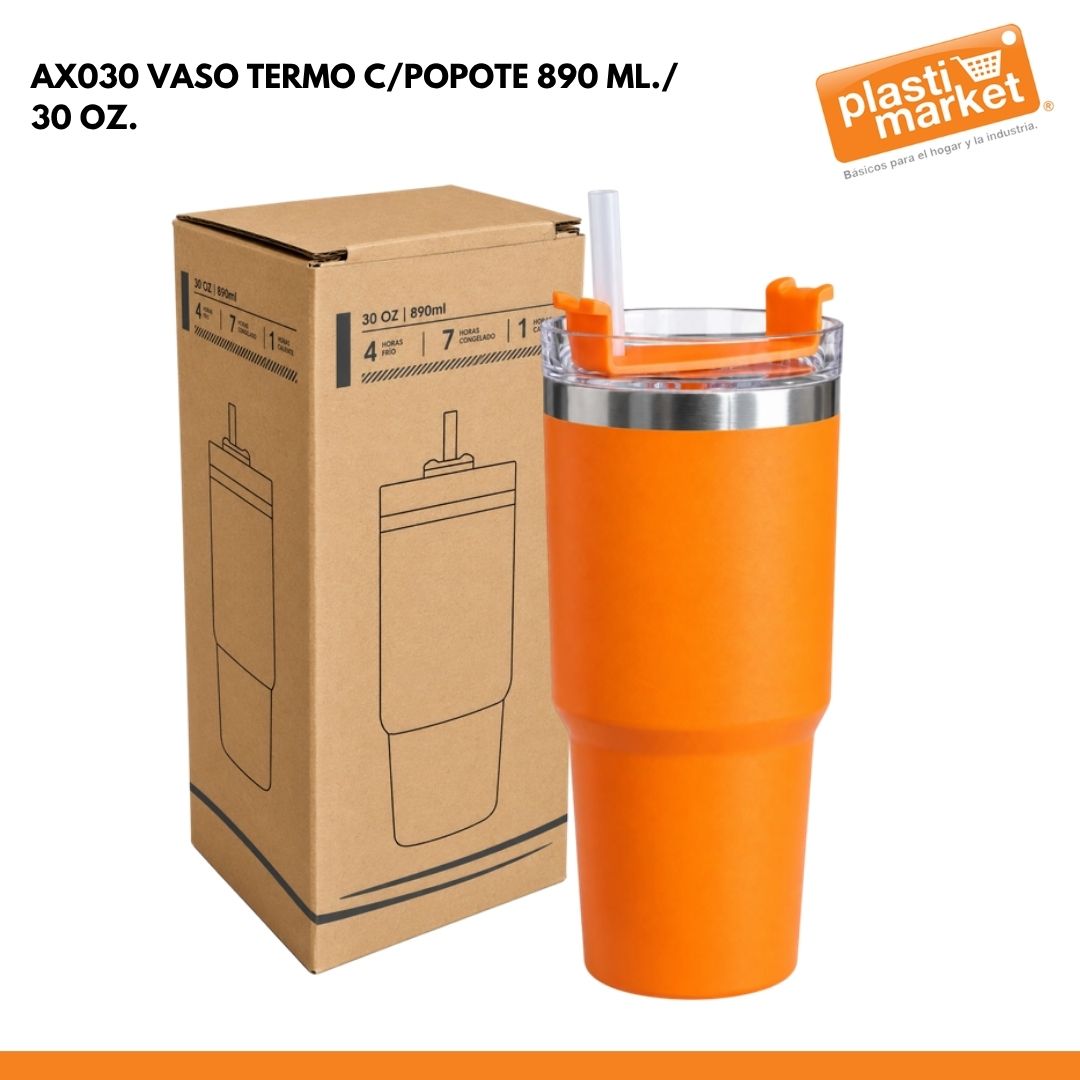 AX030 VASO TERMO C/POPOTE 890 ML./ 30 OZ.