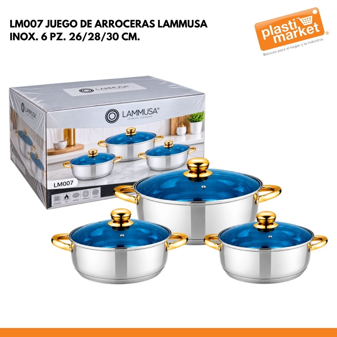 LM007 JUEGO DE ARROCERAS LAMMUSA  INOX. 6 PZ. 26/28/30 CM.