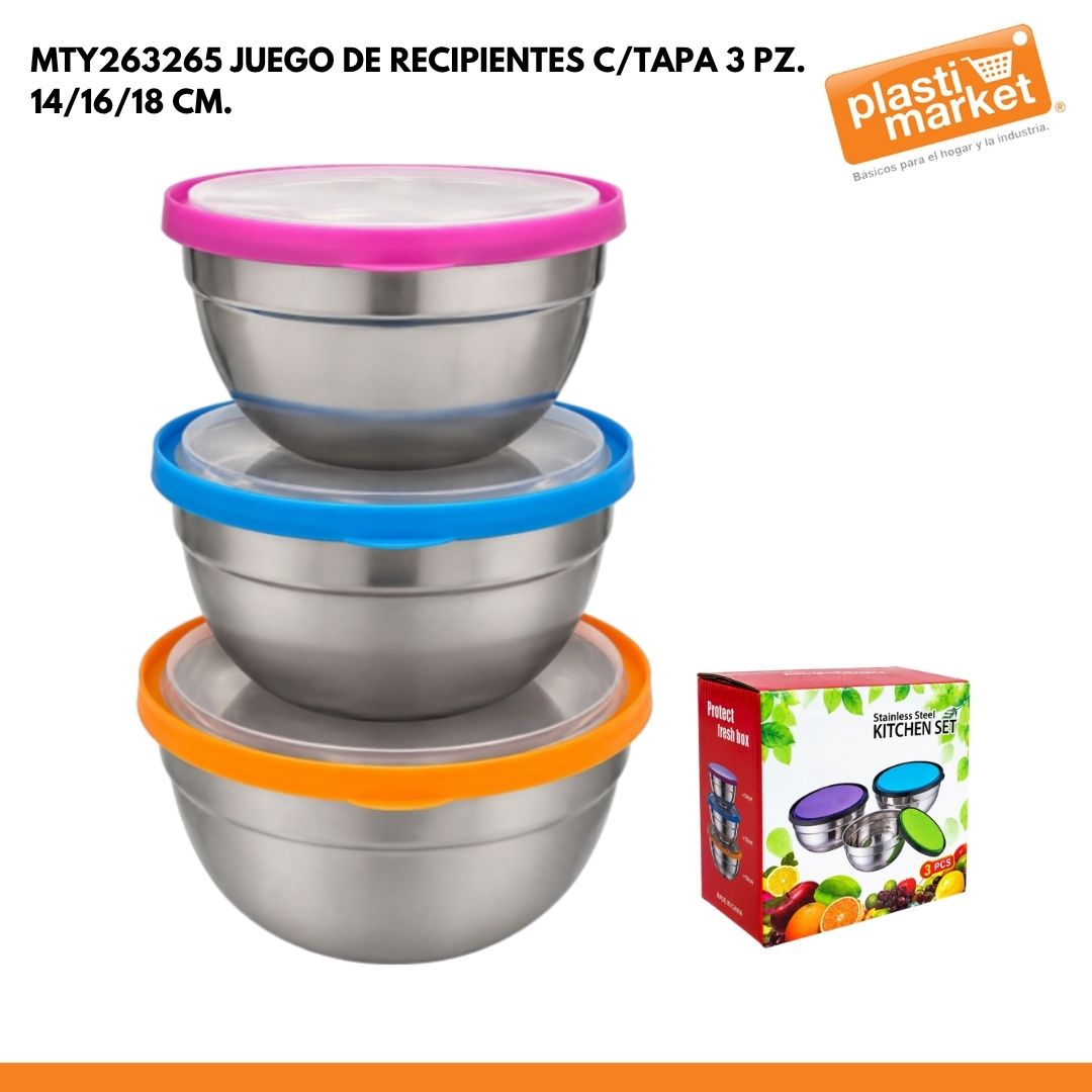 MTY263265 JUEGO DE TAZONES INOXIDABLES C/TAPA 14/16/18 CM.