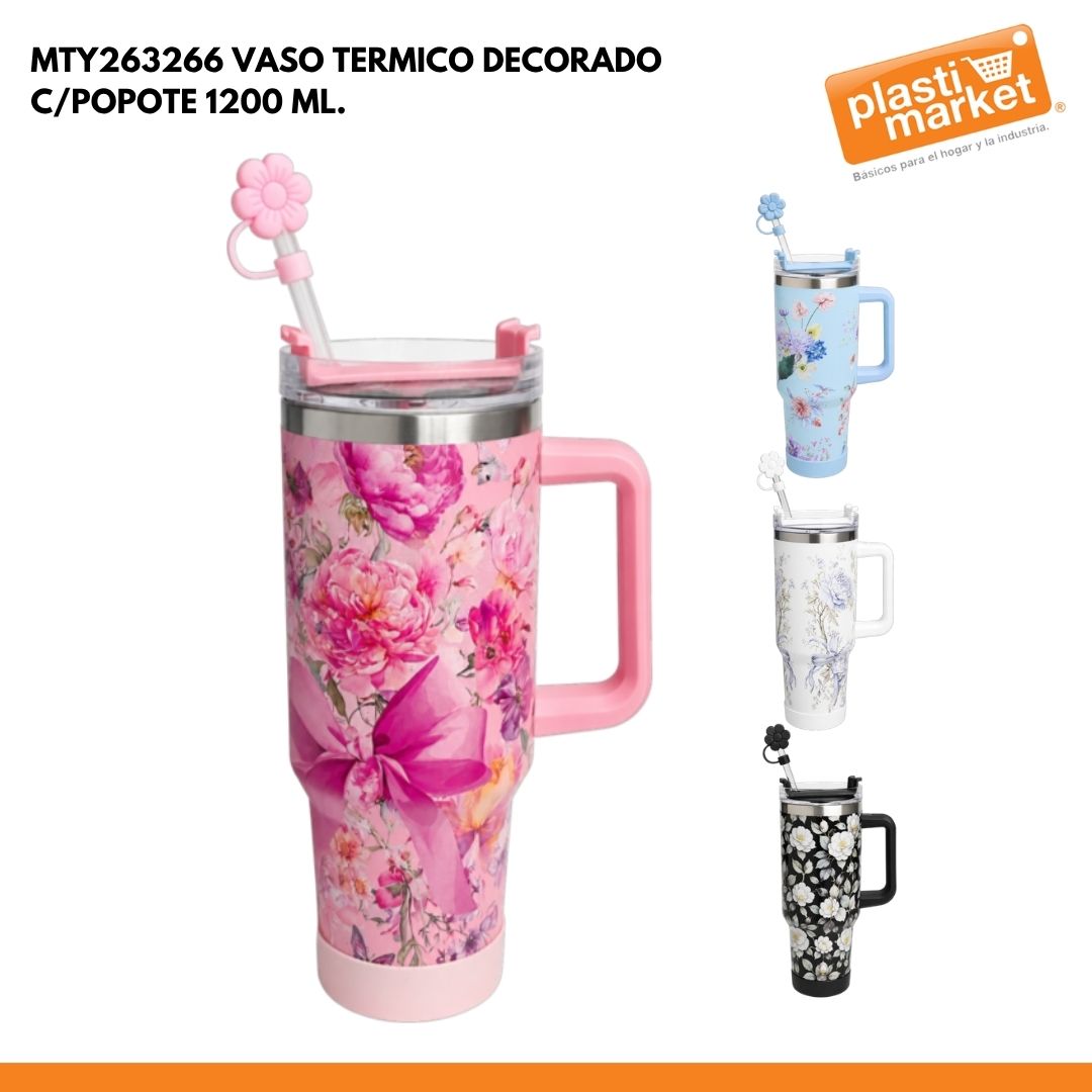 MTY263266 VASO TERMICO DECORADO C/POPOTE 1200 ML.