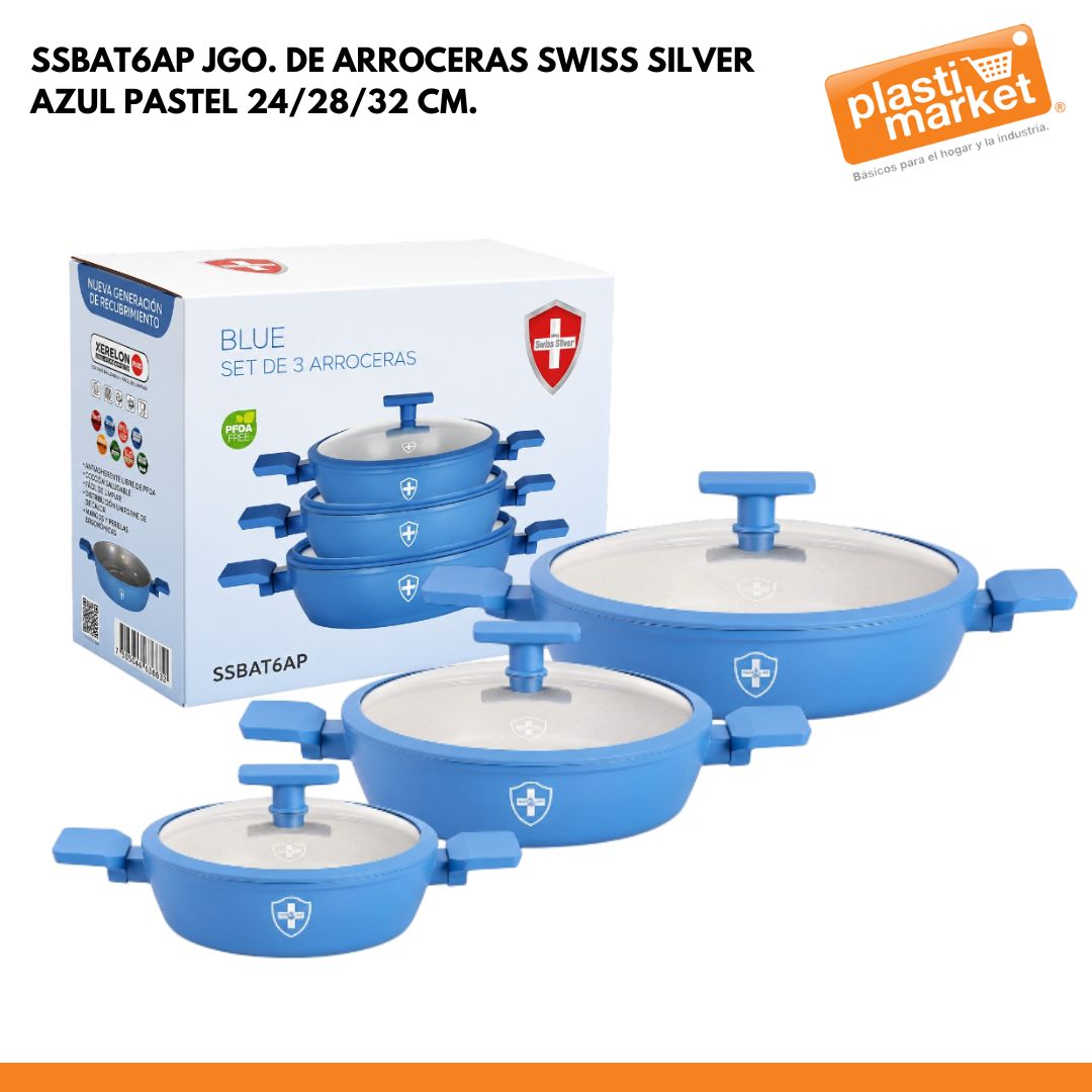 SSBAT6AP JGO. DE ARROCERAS SWISS SILVER AZUL PASTEL 24/28/32 CM.