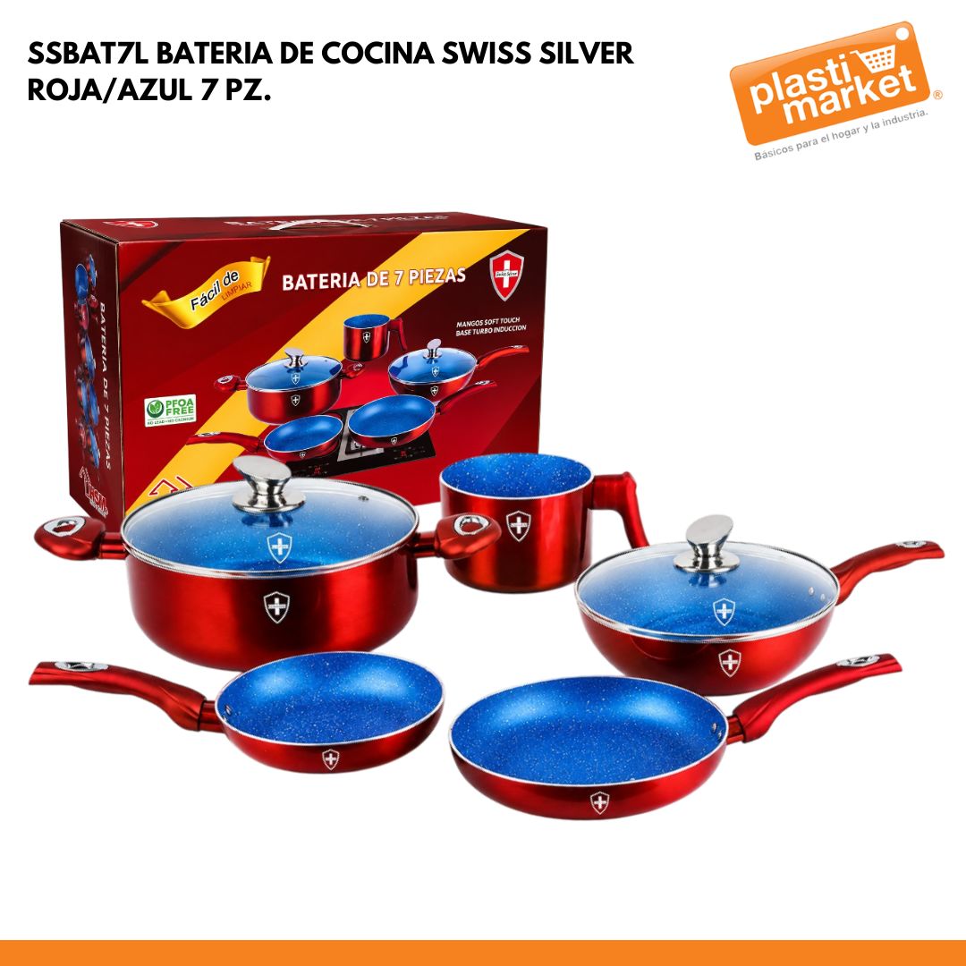 SSBAT7L BATERIA DE COCINA SWISS SILVER ROJA/AZUL 7 PZ.