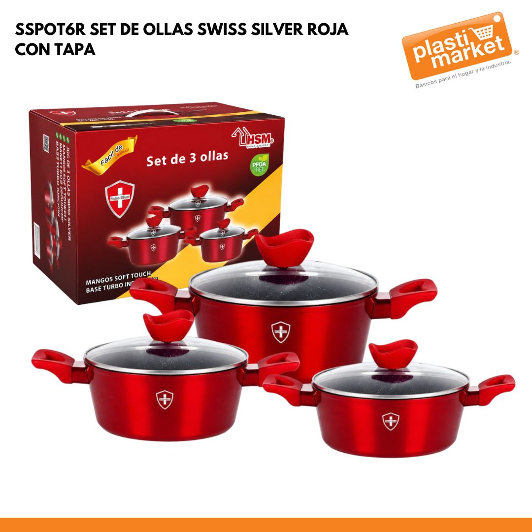 SSPOT6R SET DE OLLAS SWISS SILVER ROJA CON TAPA