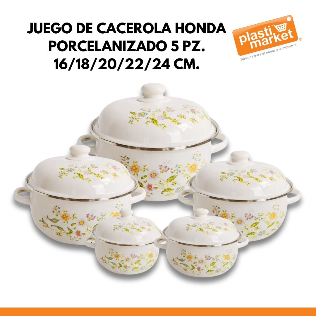 YM249161 JUEGO DE CACEROLA HONDA PORCELANIZADO 5 PZ. 16/18/20/22/24 CM.